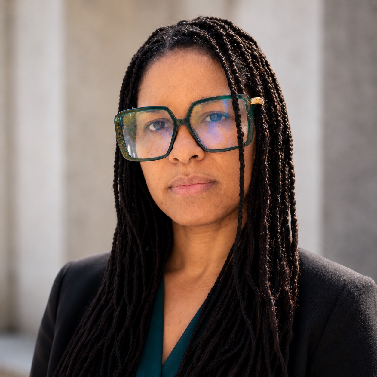 Erika D. Henson wearing green glasses and a dark blazer